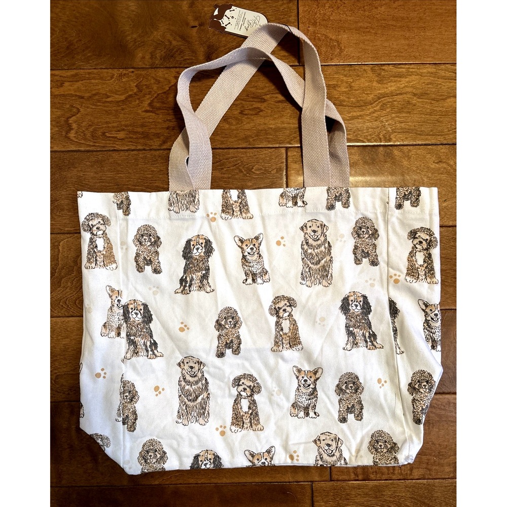 Tote Bag All Over Dog Print Tote Canvas Bag Double Handles Ivory Interior Pocket - Picture 7 of 9